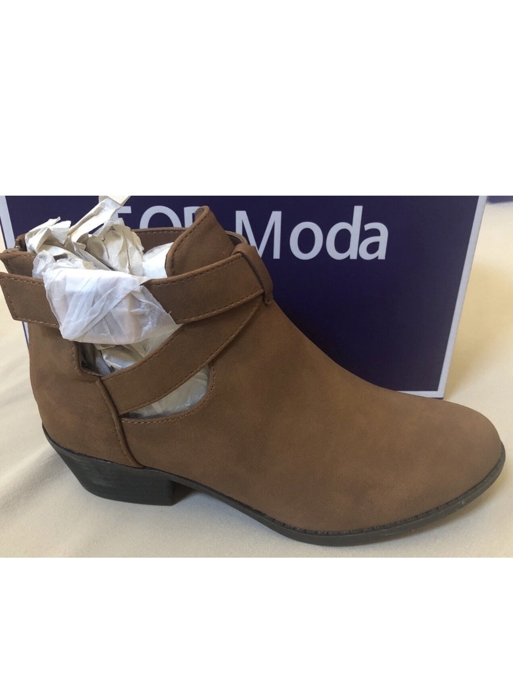Top Moda Tan Cutout Strap Ankle Bootie